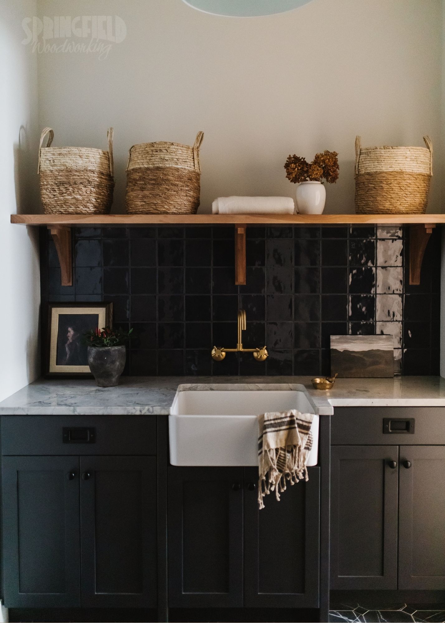 Navy/ Grey Custom laundry cabinets and wood shelves